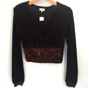 Ruth Low V Cut Pullover Sweater w/ Beaded Waist & Cuff